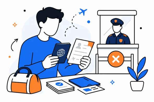 Flat vector illustration, faceless abstract traveler reviewing passport and travel documents after denied entry at U.S. border, calm organized atmosphere, modern tech feel, minimal background, Aid-Air color palette
