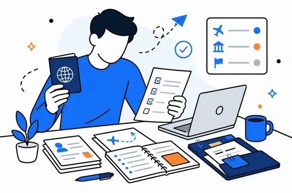 Flat vector illustration, faceless abstract person organizing travel history, passport, notes and documents on a desk before next U.S. trip, calm and structured mood, clean tech style, minimal background, Aid-Air palette