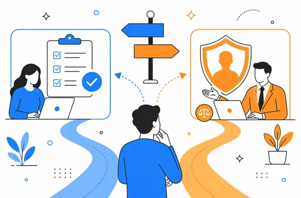 Flat semi-flat vector illustration of a calm decision flow between a regular ESTA path and a sensitive immigration-review path, faceless abstract characters, organized layout, minimal background, modern tech feel, Aid-Air palette