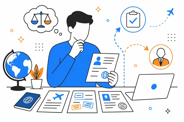 Flat semi-flat vector illustration of a traveler reviewing travel history documents before deciding whether to continue with ESTA, faceless abstract characters, calm organized scene, minimal background, modern tech palette, Aid-Air colors