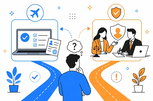 Flat semi-flat vector illustration of a calm organized decision path between regular ESTA submission and professional immigration review, faceless abstract characters, minimal background, clean modern tech feel, Aid-Air palette