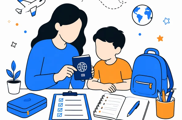 Flat semi-flat vector illustration of a parent checking a child travel document and organized notes, clean modern tech feel, faceless abstract characters, calm atmosphere, minimal background, Aid-Air palette.