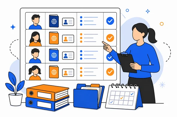 Flat semi-flat vector illustration of an organized board managing multiple travelers with folders, checkmarks and separated rows, faceless abstract characters, clean modern tech feel, calm organized atmosphere, minimal background, Aid-Air palette