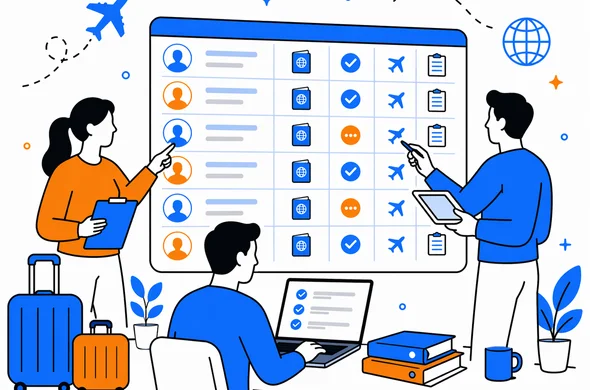 Flat semi-flat vector illustration, faceless abstract characters reviewing a neat passenger tracking board for group travel, clean modern tech interface, calm organized atmosphere, minimal background, Aid-Air palette