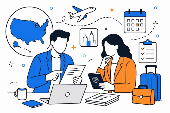 Flat semi-flat vector illustration of organized business trip planning for the United States, abstract faceless characters reviewing travel documents and schedule, calm modern tech atmosphere, minimal background, Aid-Air palette.