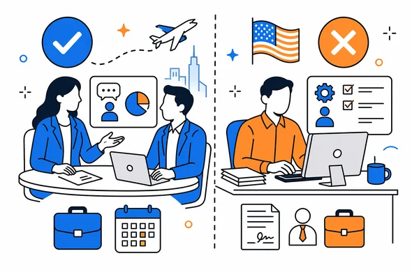 Flat semi-flat vector infographic style illustration showing distinction between short business meeting and actual employment in the United States, abstract faceless characters, clean organized layout, minimal background, Aid-Air palette.