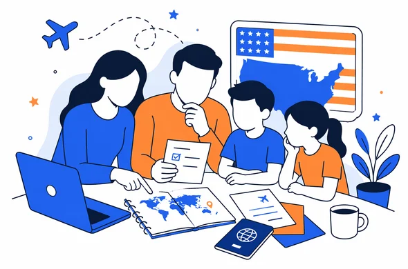 Flat semi-flat vector illustration, clean modern tech feel, faceless abstract characters planning a family visit trip to the USA, calm organized atmosphere, travel notes and documents on desk, minimal background, Aid-Air palette