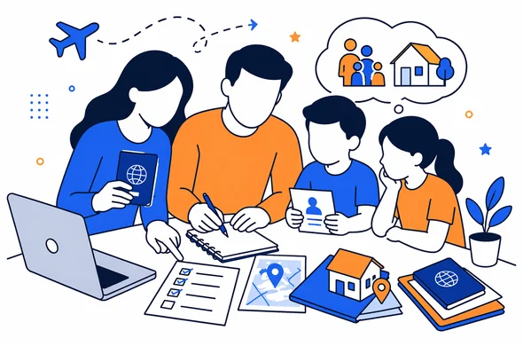 Flat semi-flat vector illustration, clean modern tech feel, faceless abstract characters organizing passport details, family address notes and travel checklist before ESTA application, calm organized atmosphere, minimal background, Aid-Air palette