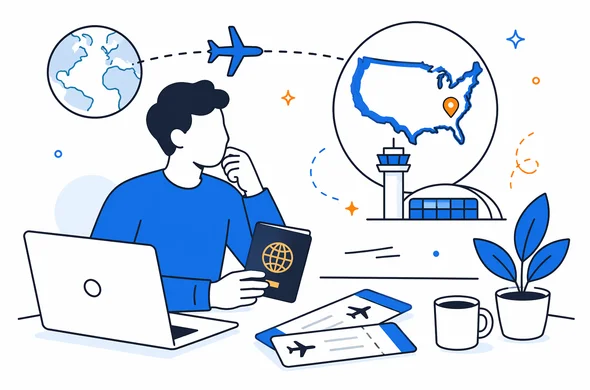 Flat semi-flat vector illustration of an abstract traveler planning a connection through the United States, passport and boarding passes on a desk, calm organized atmosphere, clean modern tech feel, minimal background, Aid-Air palette