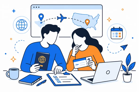 Flat semi-flat vector illustration of abstract faceless characters reviewing passport details and flight route before a transit through the United States, calm organized atmosphere, clean modern tech feel, minimal background, Aid-Air palette