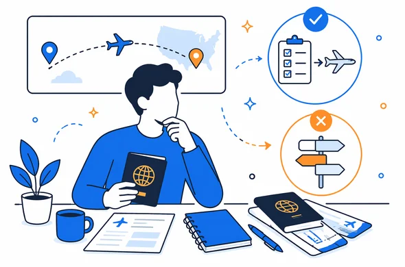 Flat semi-flat vector illustration of an abstract traveler calmly deciding next steps before a flight connection through the United States, organized documents and route icons, clean modern tech feel, minimal background, Aid-Air palette