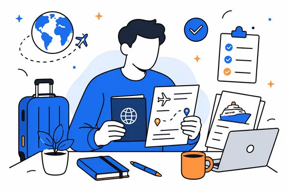 Flat semi-flat vector illustration of a traveler organizing passport, flight booking and cruise documents before departure, clean modern tech feel, faceless abstract characters, calm organized atmosphere, minimal background, Aid-Air palette