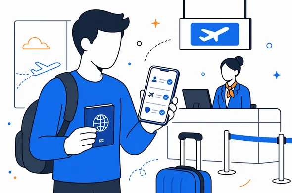 Flat semi-flat vector illustration of a calm airport check-in scene, abstract faceless traveler reviewing passport, booking and ESTA confirmation on phone with airline desk in background, clean modern tech feel, minimal background, Aid-Air palette