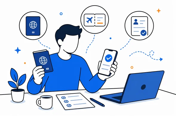 Flat vector illustration of abstract traveler comparing passport, airline ticket and ESTA confirmation on a tidy desk, modern SaaS style, calm organized atmosphere, minimal background, Aid-Air palette