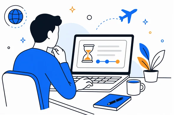 flat semi-flat vector illustration of a traveler checking pending ESTA status on a laptop, calm organized desk, faceless abstract character, minimal background, clean modern tech feel, Aid-Air palette