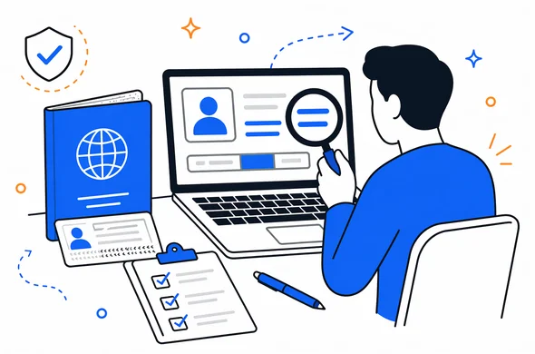 flat semi-flat vector illustration of passport and ESTA form detail checking, abstract faceless characters, calm organized workflow, minimal background, clean tech style, Aid-Air palette