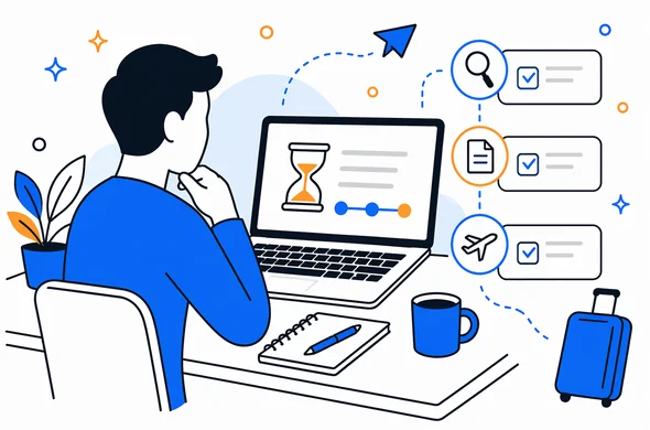 flat semi-flat vector illustration of traveler planning next steps after pending travel authorization, calm organized atmosphere, faceless abstract character, minimal background, modern tech feel, Aid-Air palette