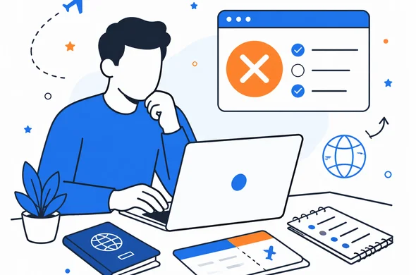 Flat semi-flat vector illustration, faceless traveler reviewing ESTA status on laptop next to passport and travel details, calm organized desk, clean modern tech feel, minimal background, Aid-Air palette, no text
