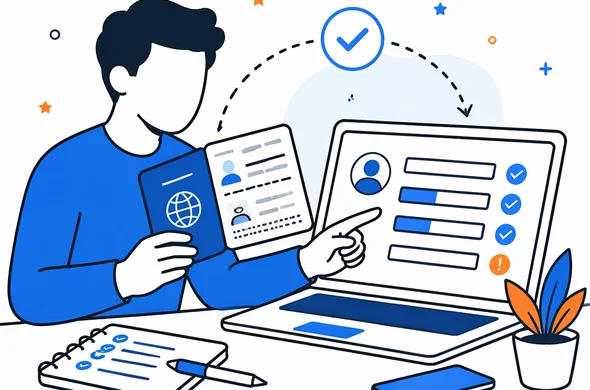 Flat semi-flat vector illustration, faceless abstract character comparing passport details with online ESTA form fields, calm organized atmosphere, clean modern tech feel, minimal background, Aid-Air palette, no text