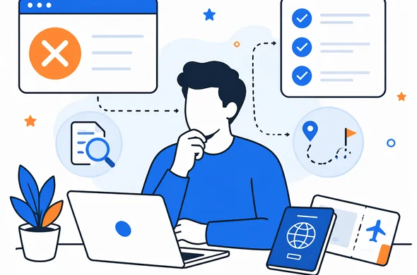 Flat semi-flat vector illustration, faceless traveler choosing next steps after ESTA issue, passport, checklist and route icons on a calm modern interface, minimal background, Aid-Air palette, no text