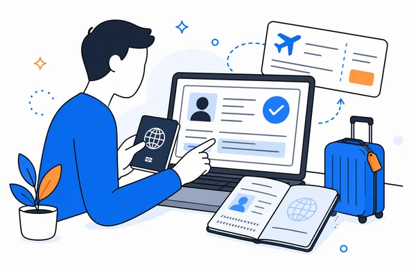 Flat semi-flat vector illustration, traveler comparing ESTA approval details with passport and flight booking on laptop, calm organized atmosphere, clean modern tech feel, faceless abstract characters, minimal background, Aid-Air palette.