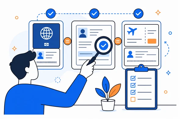 Flat semi-flat vector illustration, abstract traveler comparing passport, ESTA approval, and airline ticket side by side with checklist, calm organized atmosphere, clean modern tech feel, faceless abstract characters, minimal background, Aid-Air palette.