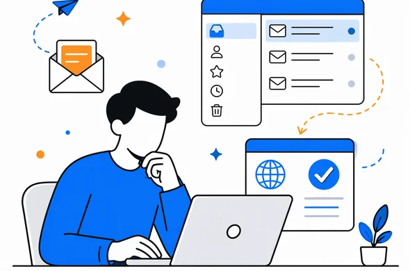 Flat vector illustration of a traveler calmly checking inbox folders and ESTA application status on a laptop, faceless abstract characters, clean modern tech feel, minimal background, Aid-Air palette