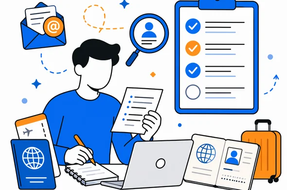 Flat vector illustration of organized travel documents, passport details, email notes, and status checklist for locating an ESTA application, faceless abstract characters, minimal background, calm organized atmosphere, Aid-Air palette