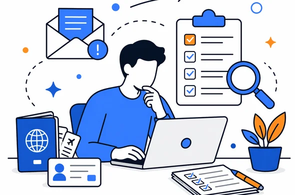 Flat semi-flat vector illustration, modern organized desk with passport, email icon, checklist and laptop for travel application recovery, faceless abstract characters, minimal background, calm atmosphere, Aid-Air palette