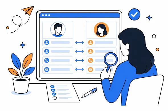 Flat semi-flat vector illustration, clean modern tech feel, faceless abstract characters comparing parent names on a digital form, calm organized atmosphere, minimal background, Aid-Air palette