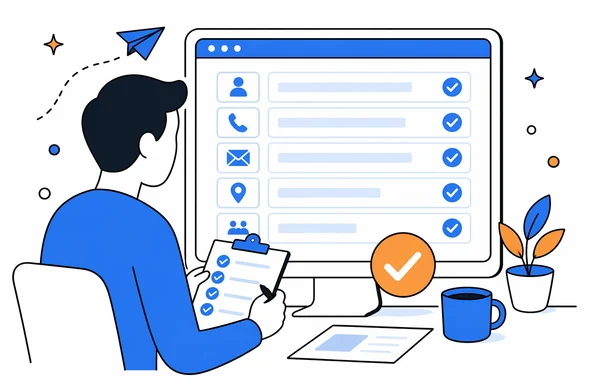 Flat semi-flat vector illustration, clean modern tech feel, faceless abstract character performing a final review of contact details before online submission, calm organized atmosphere, minimal background, Aid-Air palette