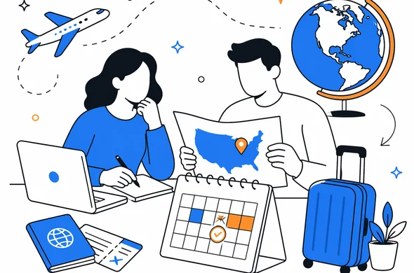 Flat vector illustration of travel planning for a United States trip, abstract faceless characters, organized documents and calendar, calm modern tech feel, minimal background, Aid-Air palette