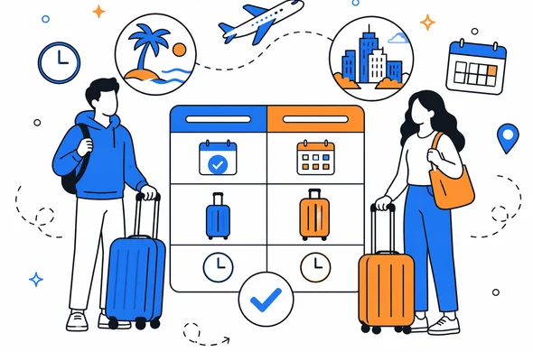 Flat vector illustration comparing short trip and longer stay planning, abstract faceless travelers, simple comparison chart and suitcase icons, calm organized atmosphere, minimal background, Aid-Air palette