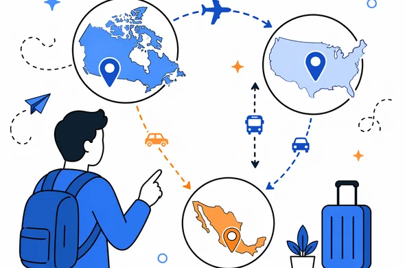 Flat semi-flat vector illustration of an organized travel route diagram connecting Canada, Mexico, and the USA, clean modern tech feel, faceless abstract characters, calm organized atmosphere, minimal background, Aid-Air palette