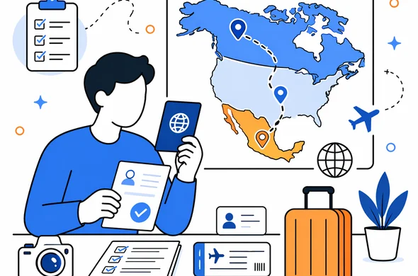 Flat semi-flat vector illustration of organized travel document checking before a multi-country route, clean modern tech feel, faceless abstract characters, calm organized atmosphere, minimal background, Aid-Air palette