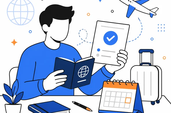 Flat modern vector illustration, traveler reviewing travel authorization status and passport before flight, calm organized desk, faceless abstract character, minimal tech background, Aid-Air palette