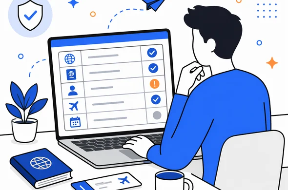 Clean semi-flat vector illustration of organized travel checklist table on screen, abstract faceless character reviewing status calmly, minimal modern interface, Aid-Air palette