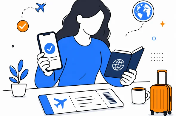 flat semi-flat vector illustration, traveler calmly comparing ESTA approval, passport and airline ticket on a clean desk, faceless abstract characters, calm organized atmosphere, minimal background, Aid-Air palette, modern tech feel