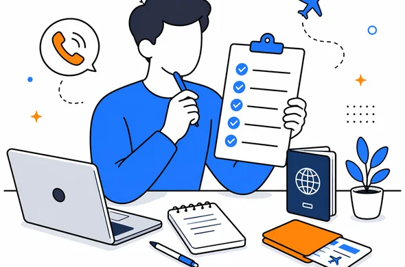 flat semi-flat vector illustration, traveler reviewing a checklist before calling the airline, laptop passport and notes, faceless abstract characters, calm organized atmosphere, minimal background, Aid-Air palette, clean modern tech feel